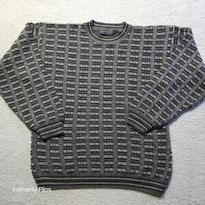 Vintage David Taylor Men Crewneck Sweater Large Gray Black Textured Knit USA